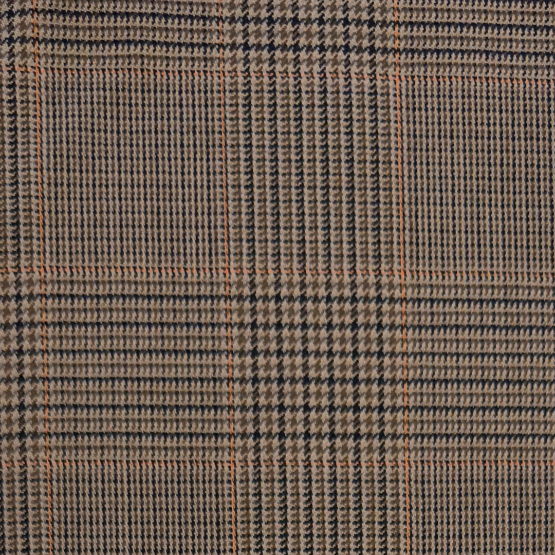 Tissu à carreaux marron en pure laine mérinos vu de près : le prince-de-galles aux rayures orange