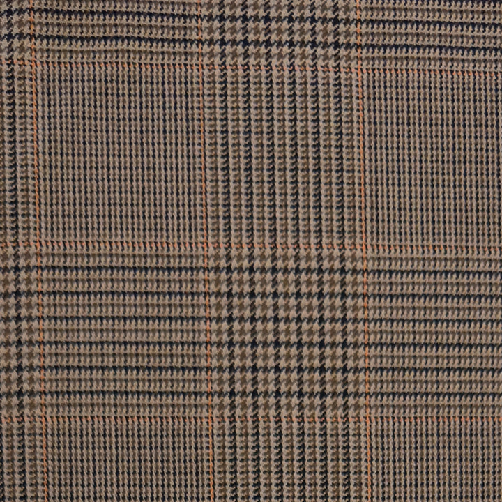 Tissu à carreaux marron en pure laine mérinos vu de près : le prince-de-galles aux rayures orange