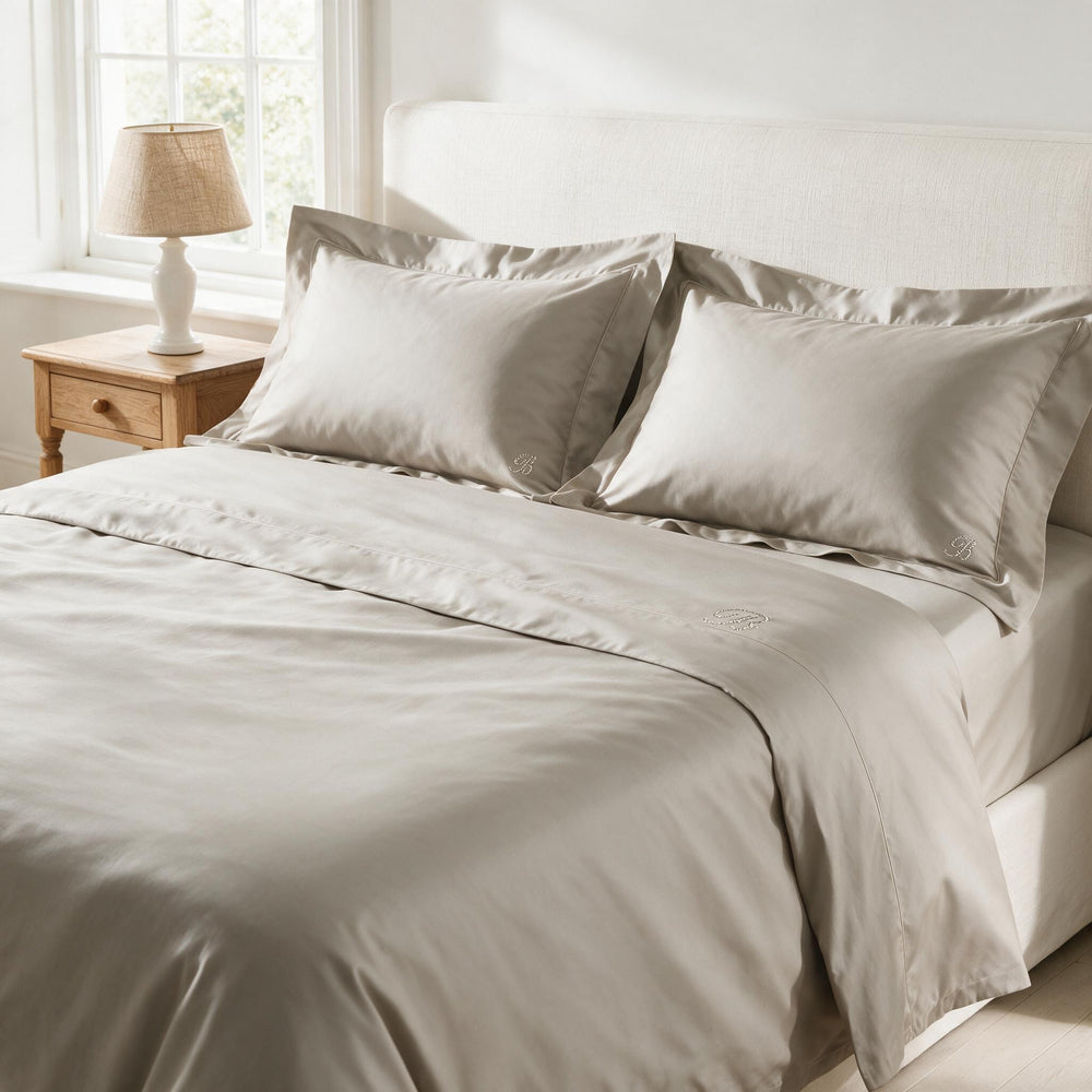 Completo lenzuola Lory di Blumarine, colore seppia, su un letto matrimoniale: ambientazione ricostruita