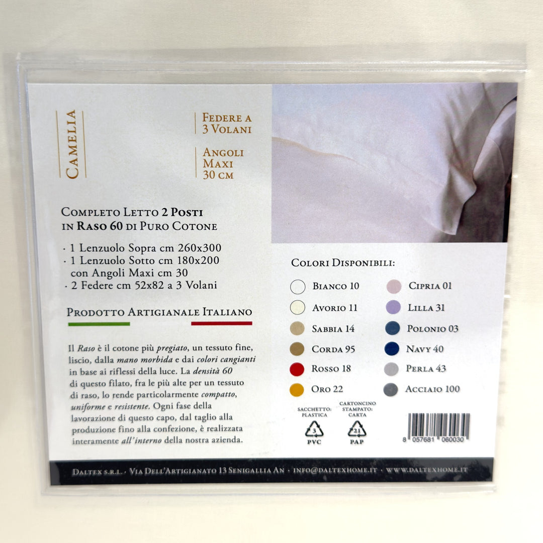 Etichetta del completo lenzuola Il Raso Camelia: contenuto, misure e colori disponibili