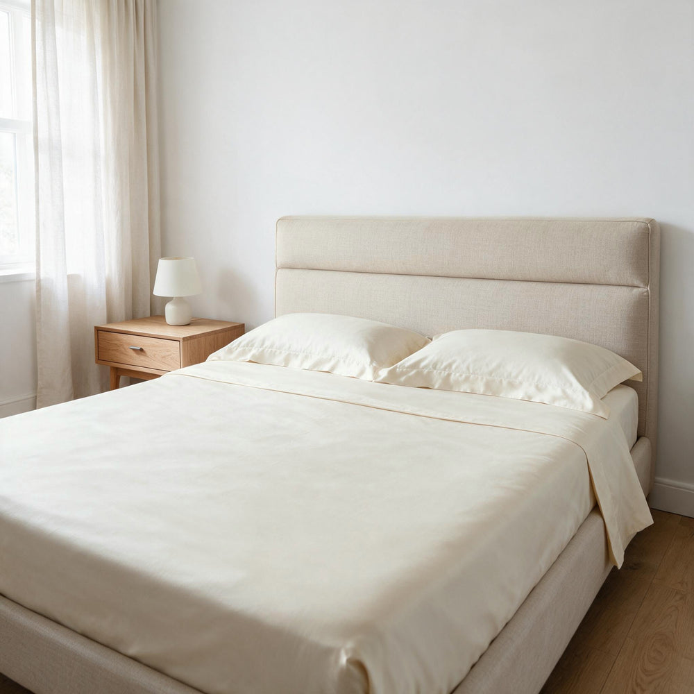Completo lenzuola Il Raso Camelia di Daltex, colore avorio, su un letto matrimoniale: ambientazione ricostruita