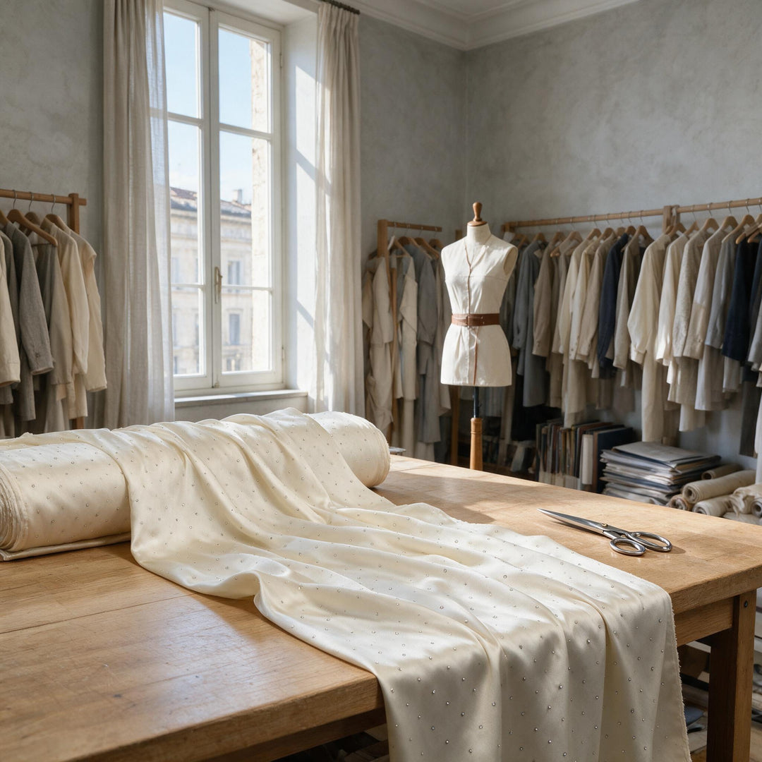 Room setting: cream fabric with silver rhinestones on a tailor&