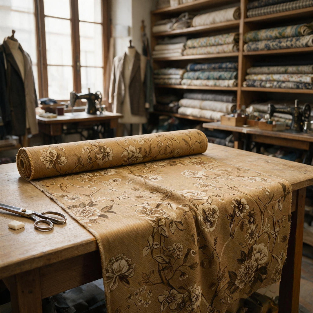 Mise en scène : tissu pour manteau à fleurs sur fond beige, sur une table de tailleur
