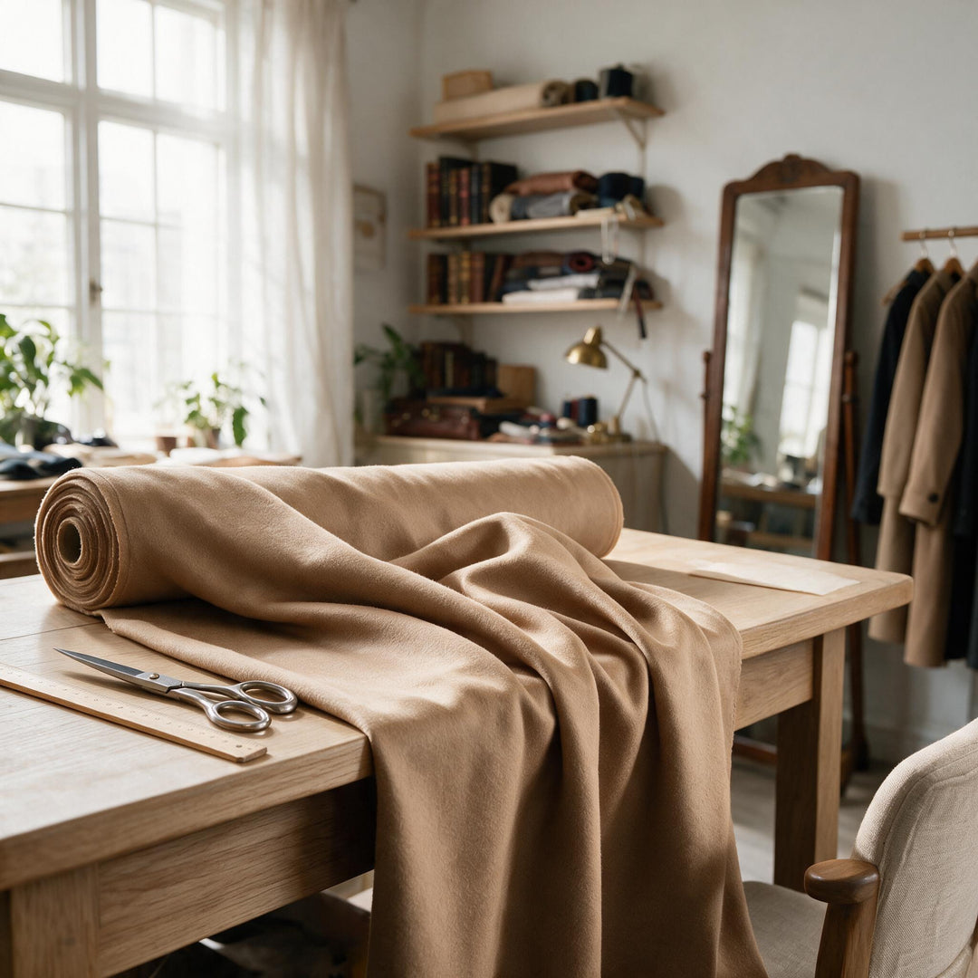 Ambientefoto: eine Rolle Mantelstoff in hellem Camel auf einem Schneidertisch