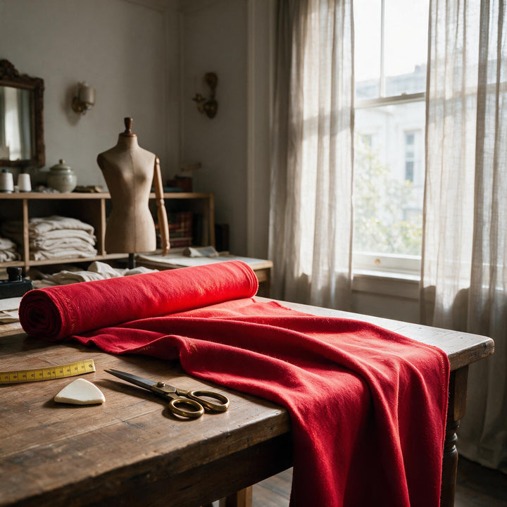 Mise en scène : tissu pour manteau rouge vif en laine et cachemire sur une table de tailleur