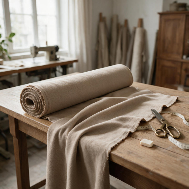 Room setting: coating fabric in sand, rolled and draped on a tailor&