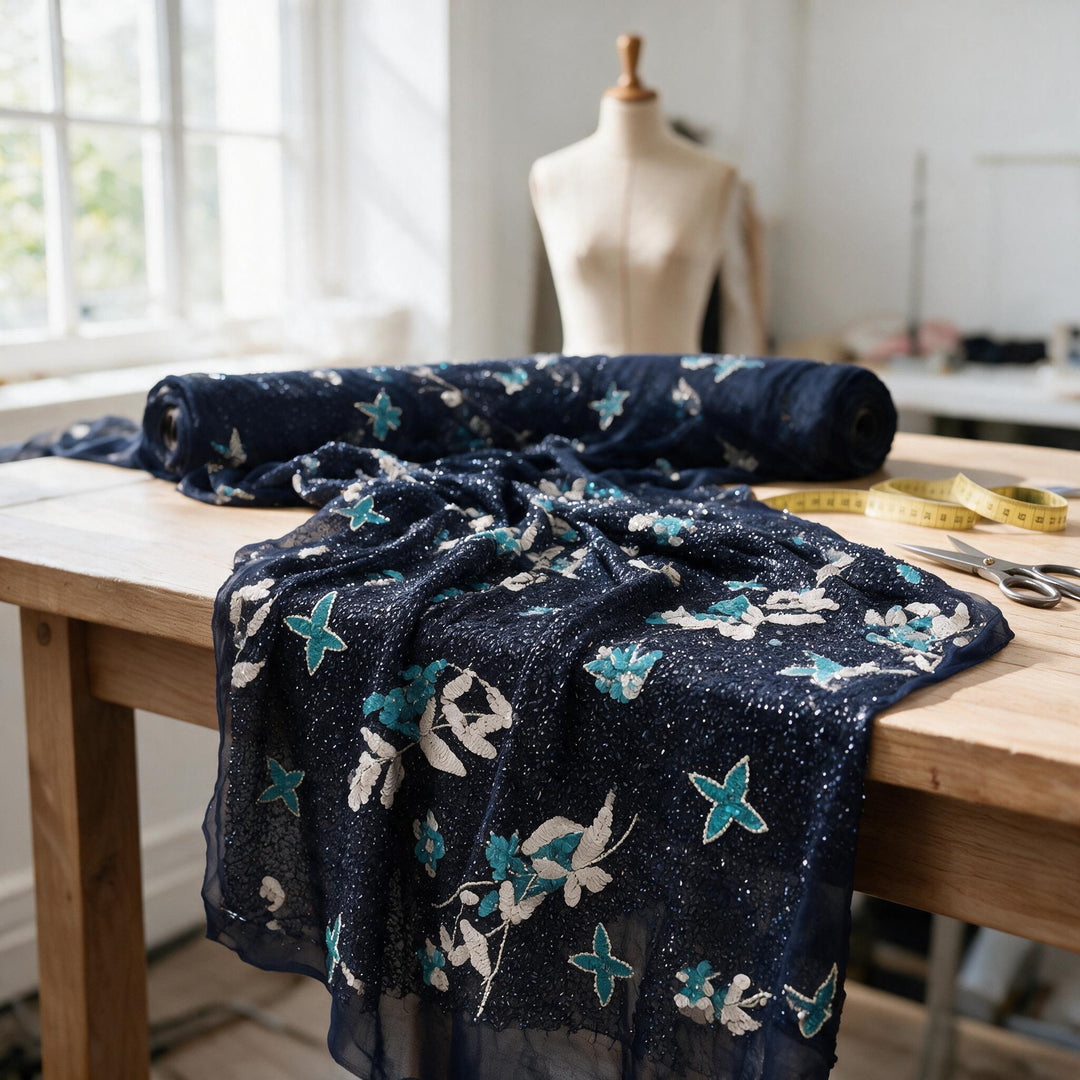 Room setting: embroidered dark blue chiffon laid out on a tailor&