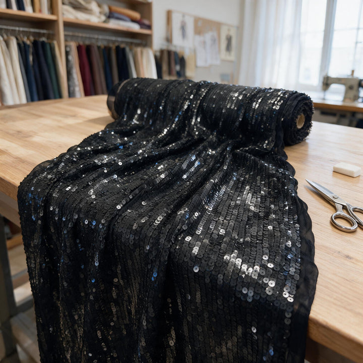 Ambientazione: tessuto in chiffon nero con paillettes nere su un tavolo da sarto