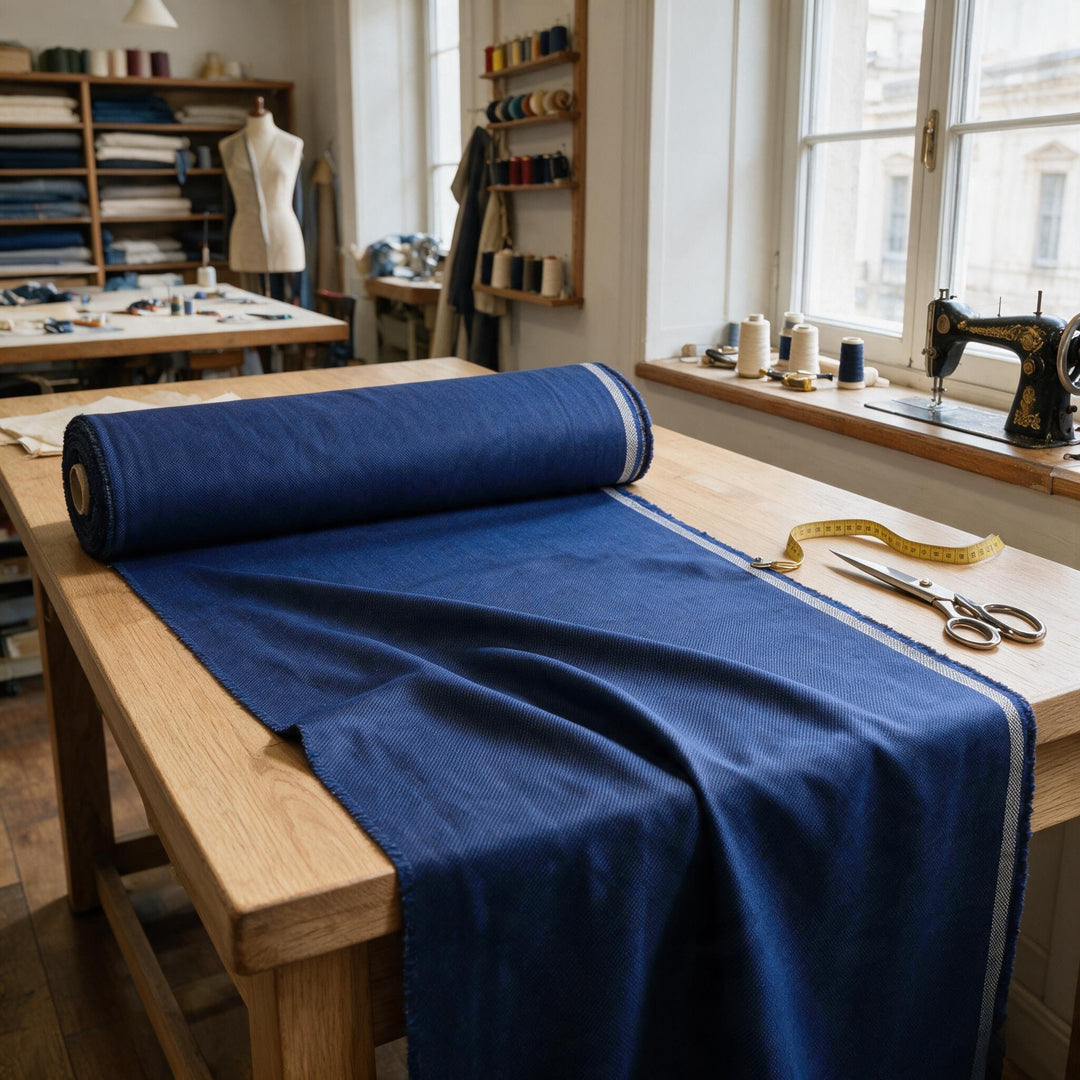 Ambientefoto: dunkelblauer Diagonal-Jackenstoff aus reiner Wolle auf einem Schneidertisch