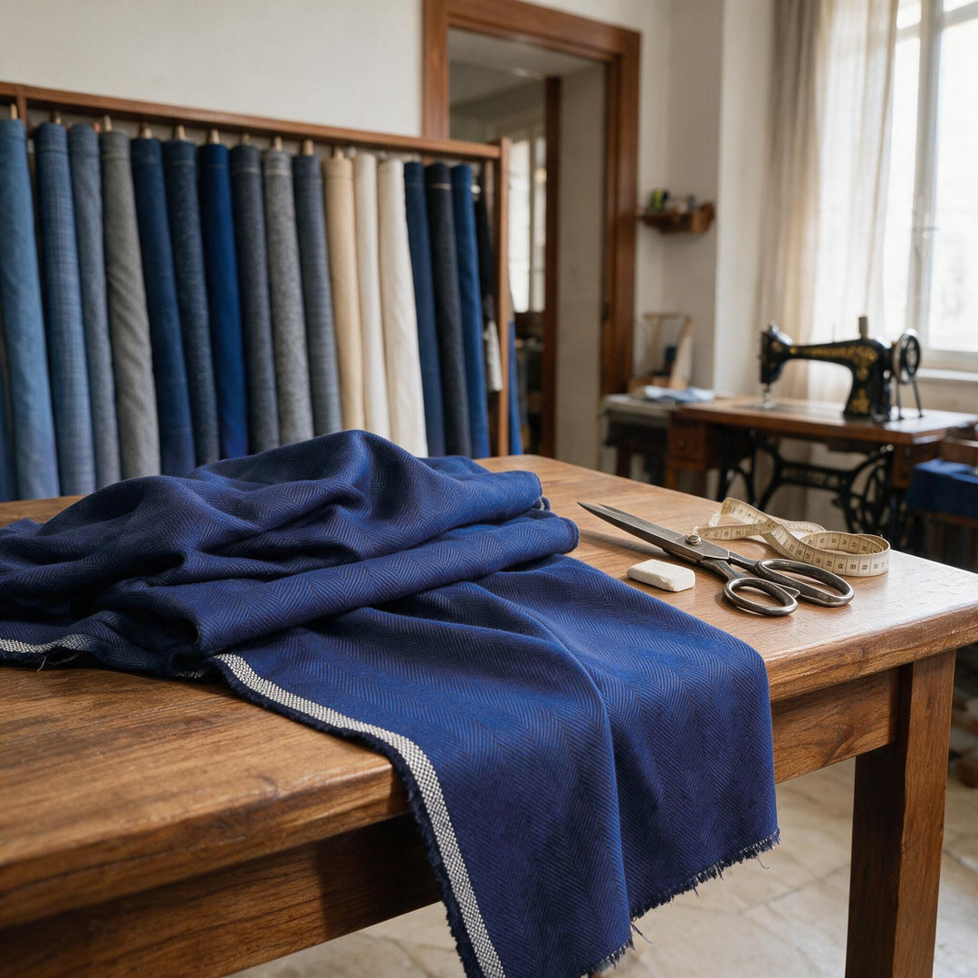 Ambientefoto: blauer Jackenstoff mit Fischgratmuster aus reiner Schurwolle auf einem Schneidertisch
