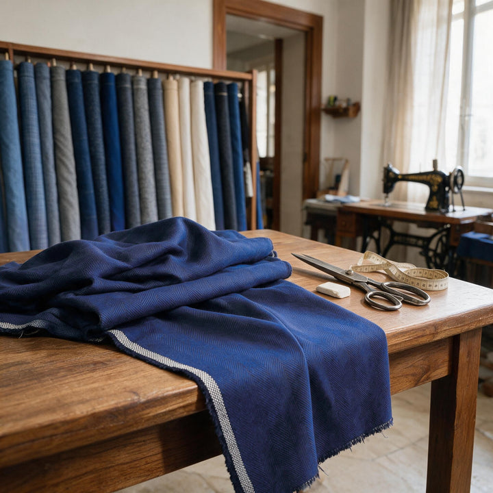 Ambientefoto: blauer Jackenstoff mit Fischgratmuster aus reiner Schurwolle auf einem Schneidertisch