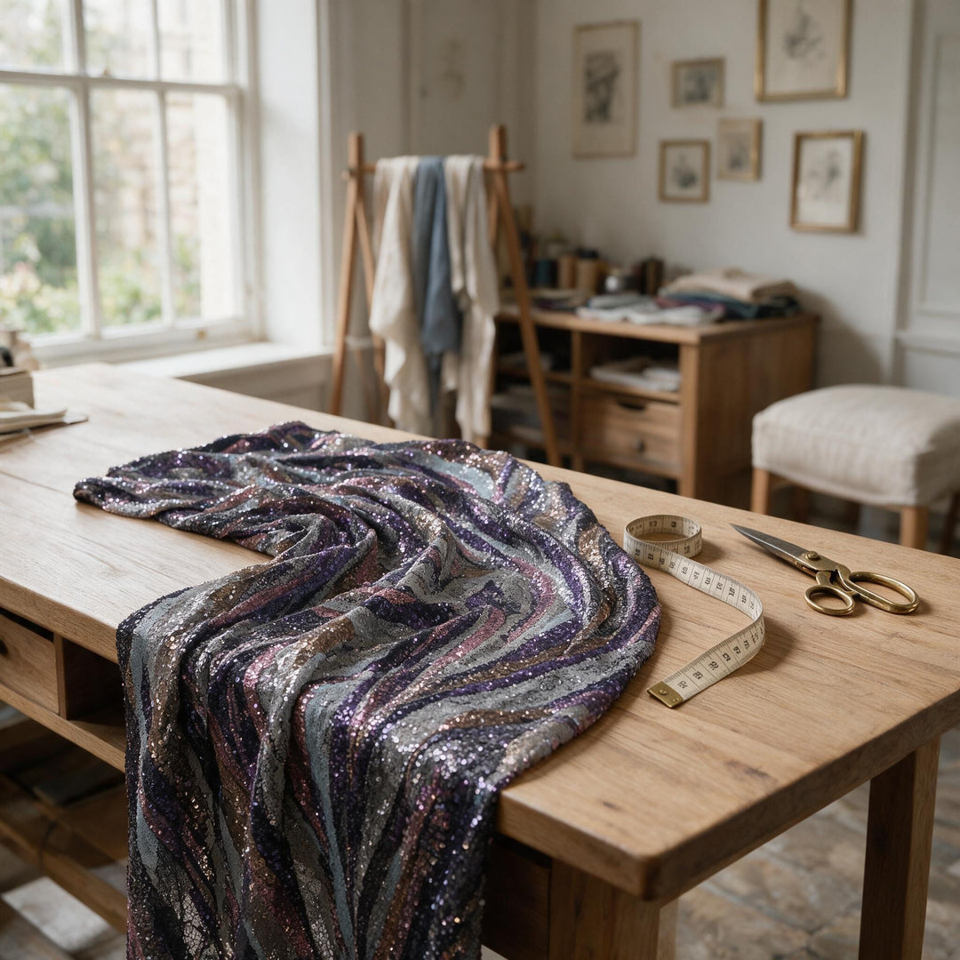 Mise en scène : tissu à paillettes en vagues multicolores drapé sur une table de tailleur