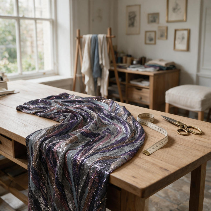 Mise en scène : tissu à paillettes en vagues multicolores drapé sur une table de tailleur