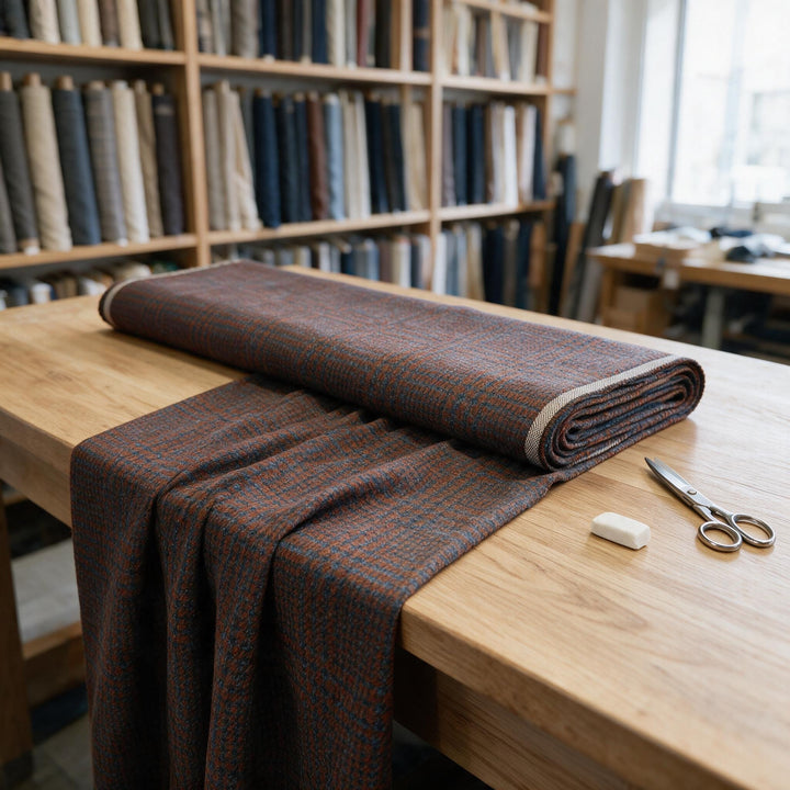 Mise en scène : pièce de tissu pied-de-poule marron et gris en laine, sur une table de tailleur