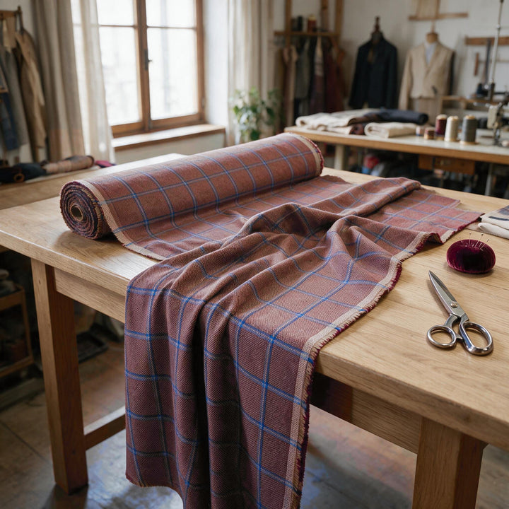 Room setting: roll of reddish-brown and blue check fabric on a tailor&