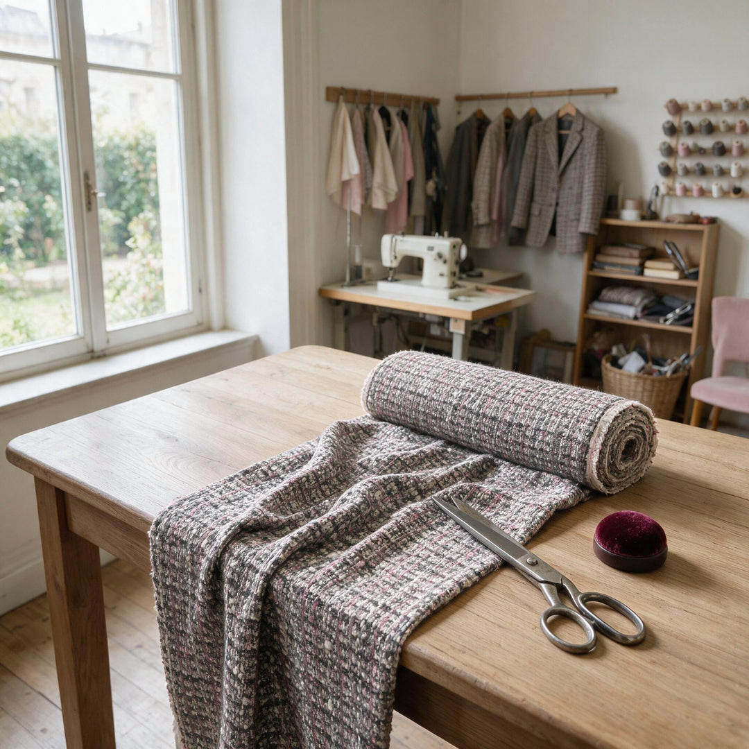 Room setting: roll of pink and grey bouclé tweed on a tailor&