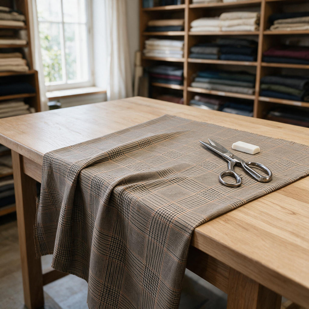 Mise en scène : tissu à carreaux marron en laine mérinos sur une table de tailleur