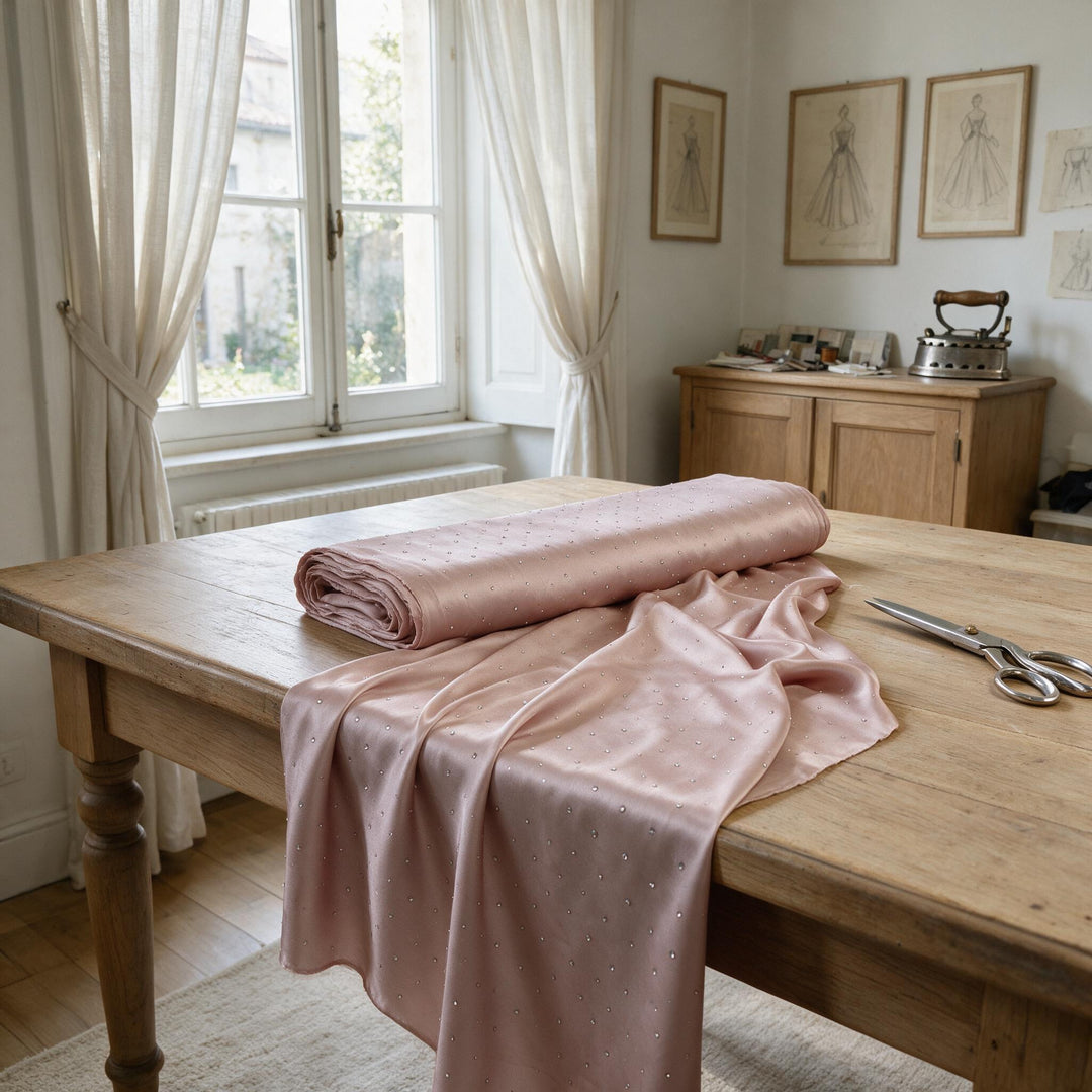 Room setting: pink pure silk fabric with silver rhinestones on a tailor&