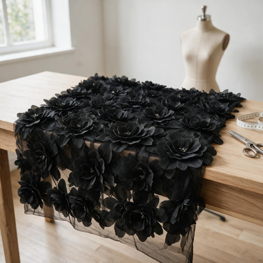 Mise en scène : tulle noir à fleurs en relief étalé sur une table de tailleur