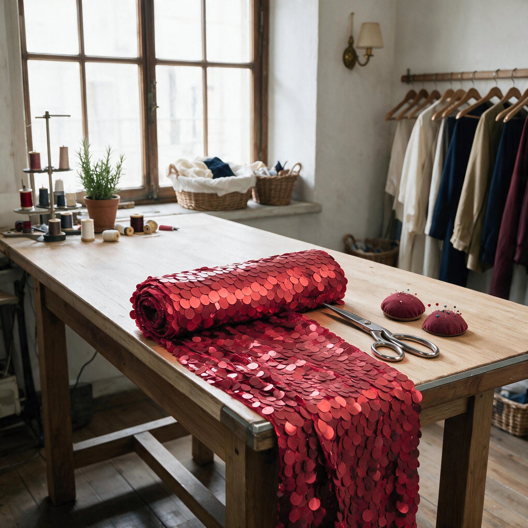Room setting: a roll of tulle with red sequins on a tailor&